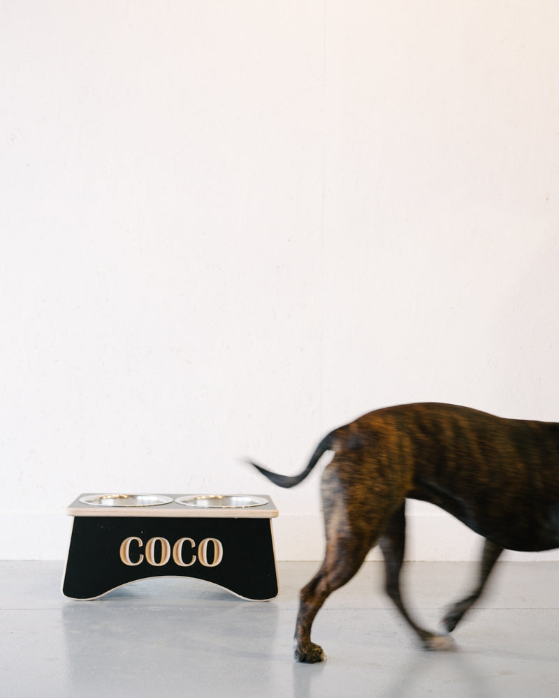 A dog walking away from a Timber Grooves Double Raised Dog Bowl Stand labeled "COCO," containing two metal bowls, placed against a white wall. This elevated feeder can help reduce symptoms of bloat and ease skeletal and joint pain.