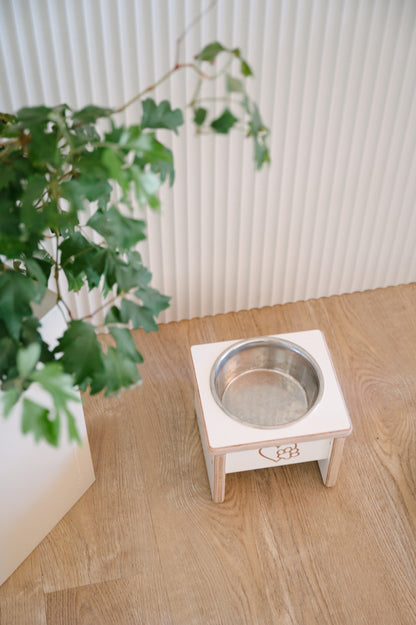 A Timber Grooves Single Raised Dog Bowl Stand holds a stainless steel bowl, perfectly positioned on its white wooden base on the wooden floor, next to a potted green plant.