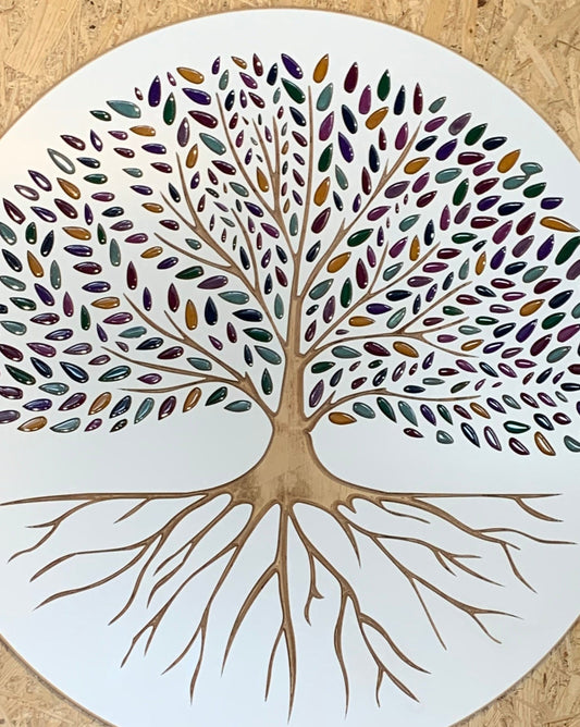 A stylized Tree of Life illustration with colorful, resin-filled teardrop-shaped leaves and intricate roots displayed on a circular white background. This artwork is titled "Resin leaves Tree of Life in White" by Timber Grooves.